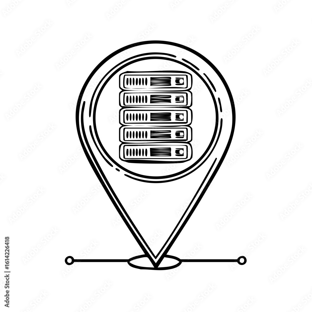 Poster data center location concept with server rack inside a map pin line art icon