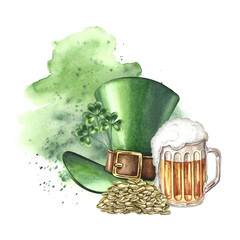 A leprechaun's cylinder, a beer mug, and a pile of coins. Hand-drawn watercolor illustration. Conceptual design for St. Patrick's Day. For greeting cards, banners and flyers, and festive decor.