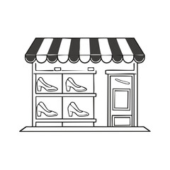 Shoes Shop Front with Awning and Display Shelves with Outline Heel Shoes and Door