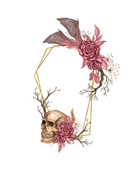 Burgundy roses, buds, leaves, bat wings, spider web, dry branches and skull watercolor illustration. Gothic design with golden geometric frame for Halloween. Suitable for vintage templates, border, 