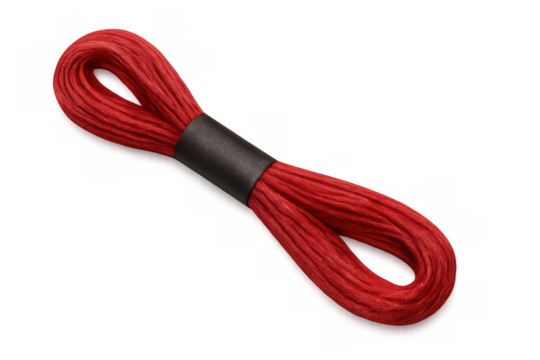 Crimson embroidery thread hanging with dark label, displaying crafting potential against transparent backdrop