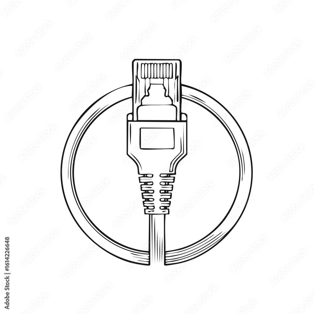 Poster stylized ethernet network cable connector with circular loop line art