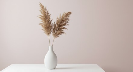 Elegance in Simplicity: A minimalist composition showcases a delicate arrangement of pampas grass in a sleek vase on a clean surface, conveying a sense of tranquility and modern aesthetic.