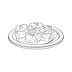 Outline Drawing of Delicious Turkish Delight Confectionery on a Plate
