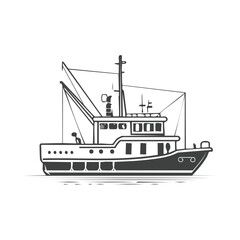 Obraz premium Monochrome outline illustration of a fishing vessel isolated against a blank backdrop. Nautical transportation.