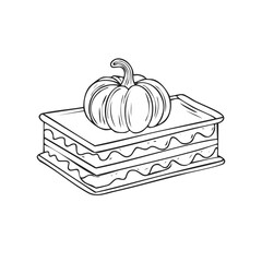 Hand-drawn illustration showcasing a stack of layered desserts with a small pumpkin on top, line art