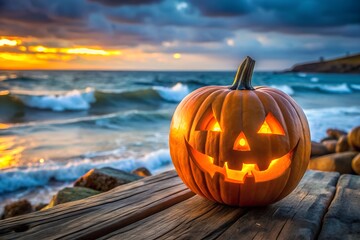 A glowing carved jackolantern pumpkin rests on a wooden pier by the ocean at sunset, with waves crashing on the shore