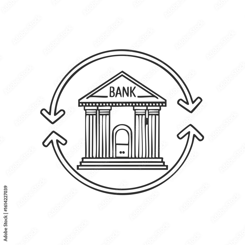 Poster bank building with circular arrows symbolizing financial transactions and money flow