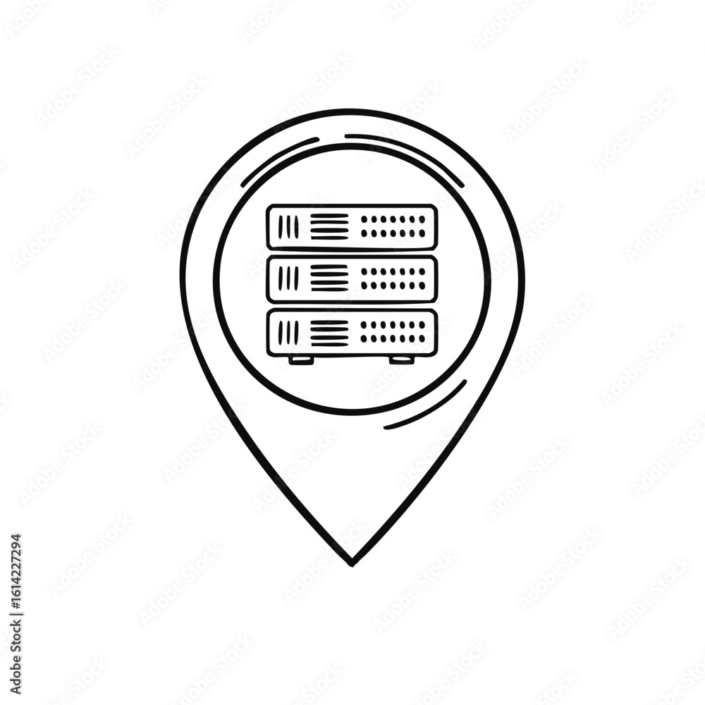 Poster data center location pin icon with a server rack for hosting and storage