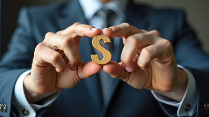 Fototapeta premium Man hands putting gold wooden number on business direction planning concept. Future trends for goals 