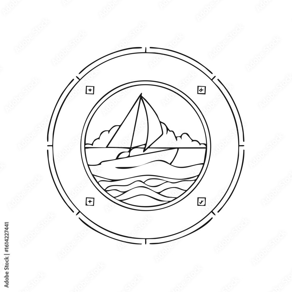 Poster sailing boat on wavy ocean in round frame with clouds and shapes in corners