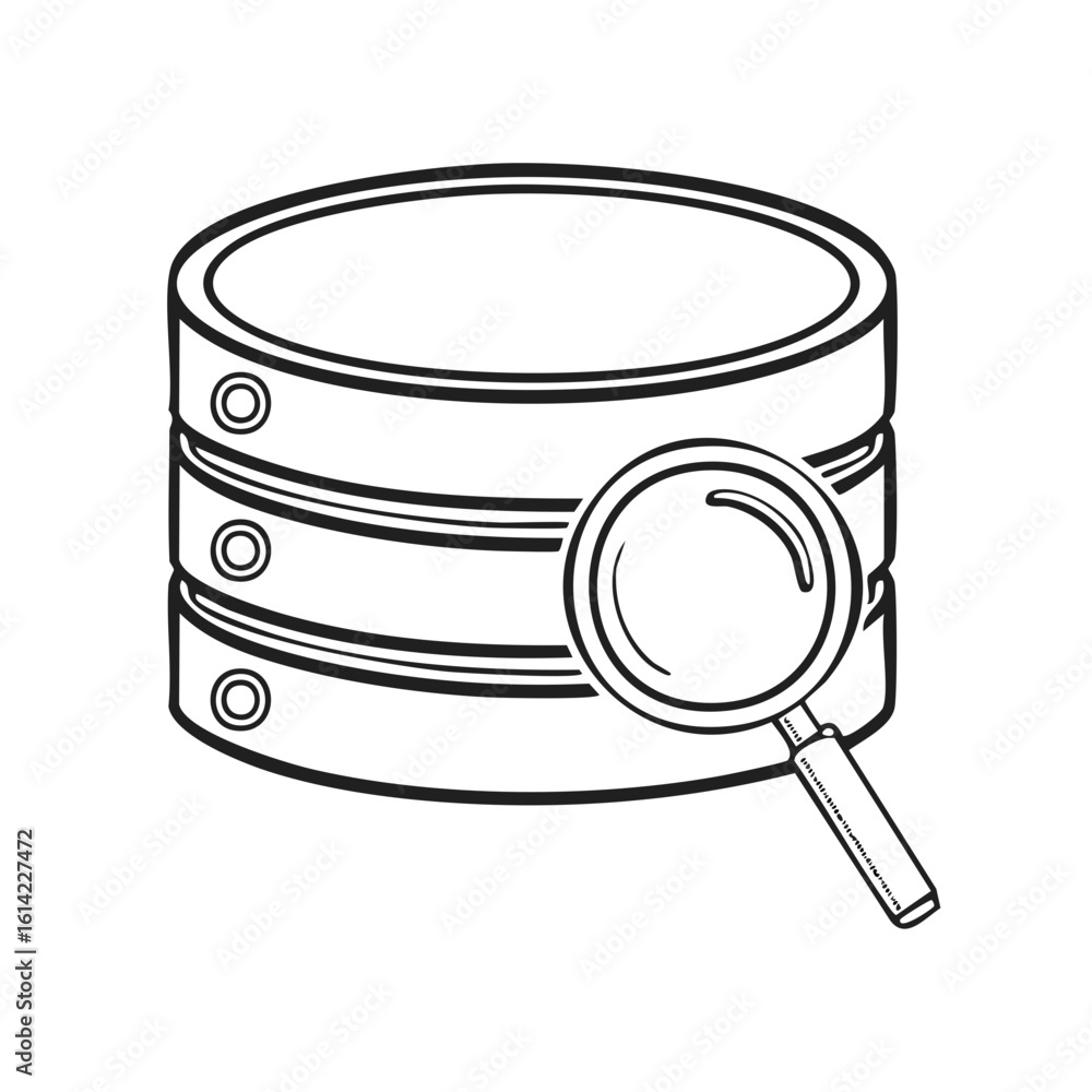 Poster database search illustration: magnifying glass examining data storage concept vector