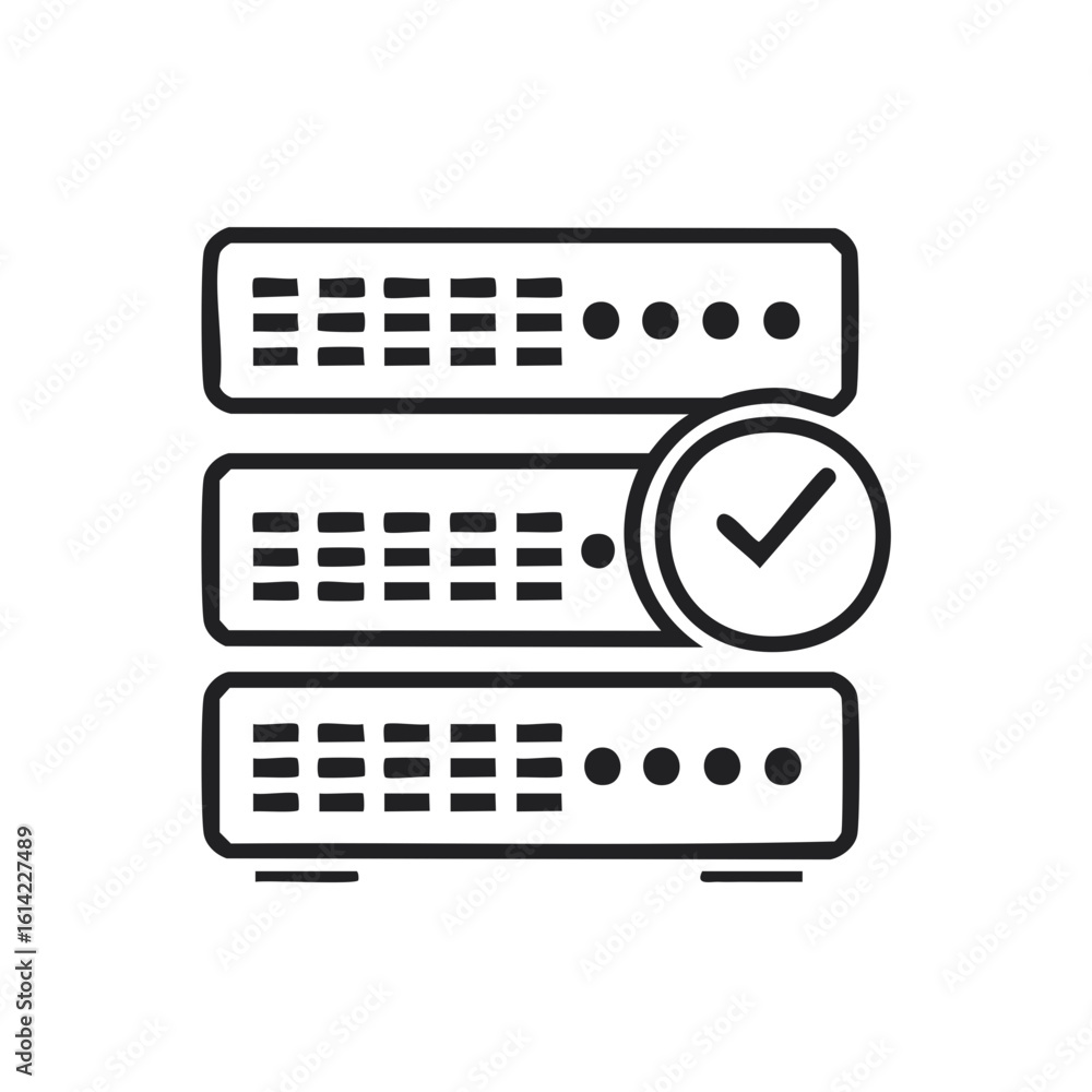 Poster outline icon displaying stacked server units with a prominent checkmark for successful data processi