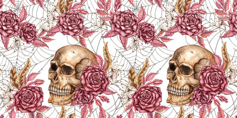 Human skull, burgundy roses, feathers, spider web, seamless pattern. Watercolor gothic illustration. Suitable for Halloween, dark prints, fabric, packaging, decor. Isolated from the background.