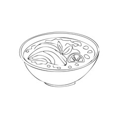 Line art illustration of a bowl of savory Asian noodle soup with citrus and herbs