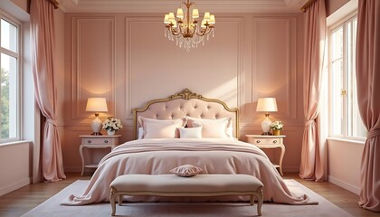 Elegant Bedroom Interior in Rosy Pink with Chandelier and Bed Bench