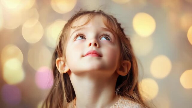 Young Caucasian girl looking up with wonder, against bokeh background