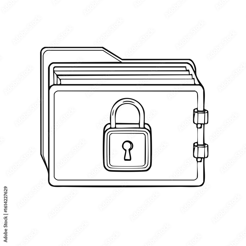 Poster secured data folder with padlock line art for file protection