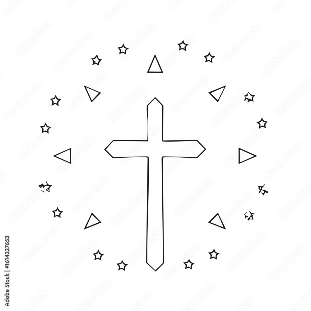 Poster christian cross surrounded by stars and triangles pattern design element