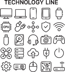 Technology Line Icons Set – Devices, Gadgets, Cloud, Security, Network, Hardware, Electronics Outline Vector