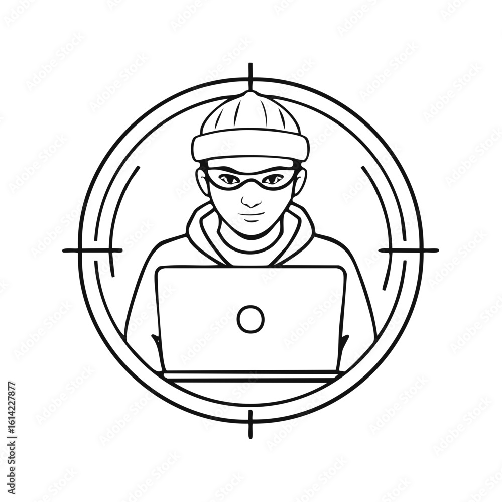 Poster hacker inside targeting reticle looking at computer. silhouette cyber security.