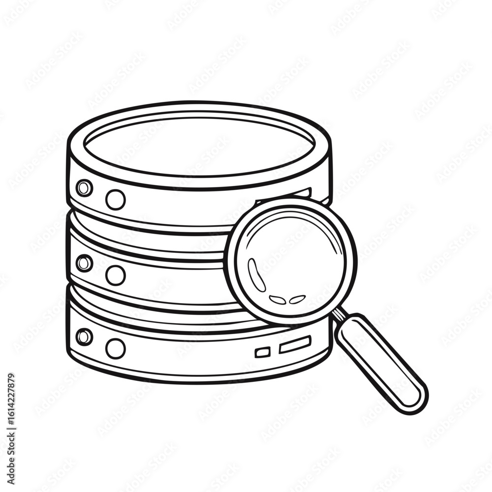 Aufkleber database illustration with magnifying glass for data examination and storage analysis line art