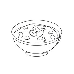 Monochromatic line art illustration of a hearty mushroom soup bowl garnished with fresh herbs