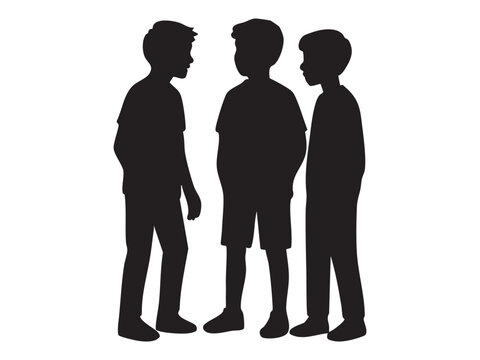 Black silhouette of three boys talking and standing together, isolated on white background, graphic illustration. concept of friendship, childhood, social interaction, conversation.