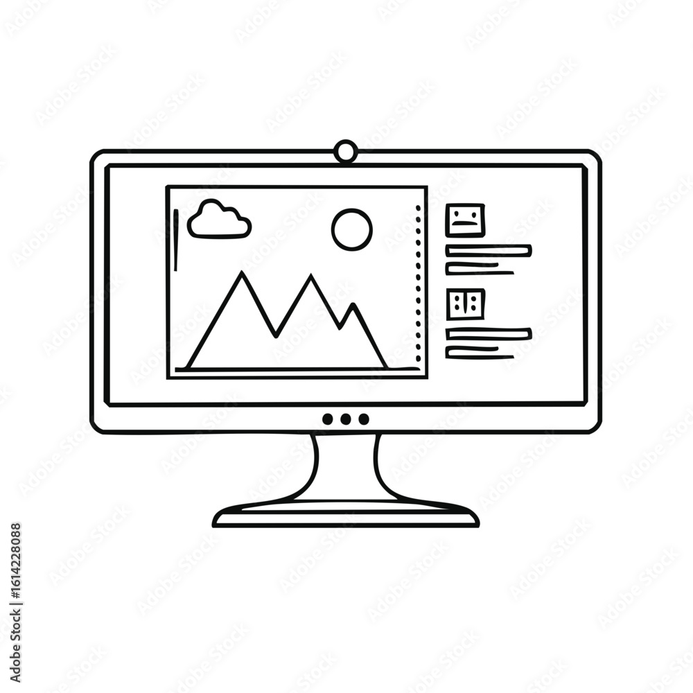 Poster graphic design on computer screen with mountains and clouds illustration