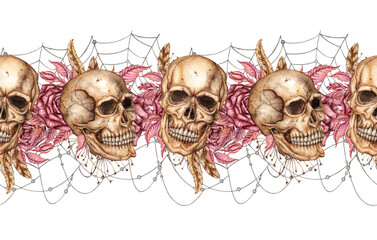 Skull with dark red roses, dried flowers, feathers and cobwebs watercolor illustration. Bones in gothic style. Day of the Dead, Halloween, Dia de los muertos. Isolated. Horizontal pattern, border,