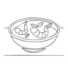 Continuous line art drawing of a bowl filled with shrimp and fresh herbs