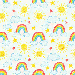 Whimsical Seamless Pattern: Sun, Rainbows, and Stars