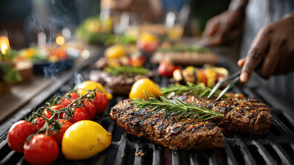 Grilled steak and vegetables with rosemary on bbq for an outdoor barbecue feast