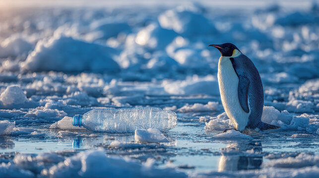 Environmental impact in antarctica: penguin and empty plastic bottle highlight pollution concerns in fragile ecosystem, concept of waste, nature and wildlife conservation. - Powered by Adobe
