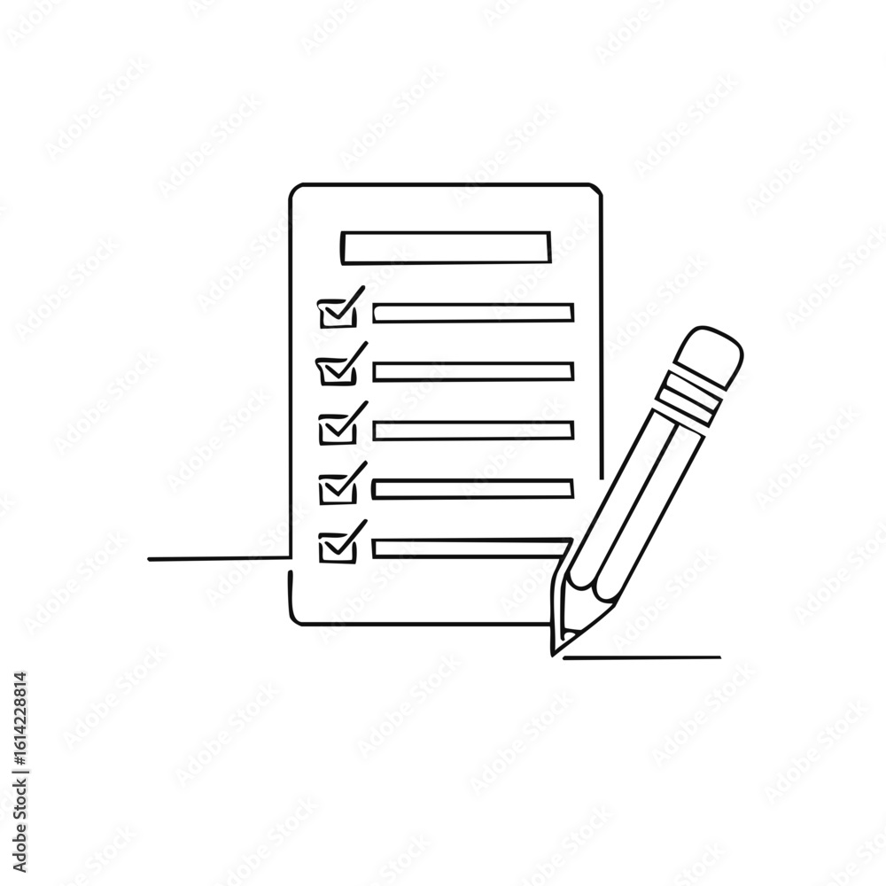 Poster continuous one line drawing of a completed checklist and a pencil. task management and success conce