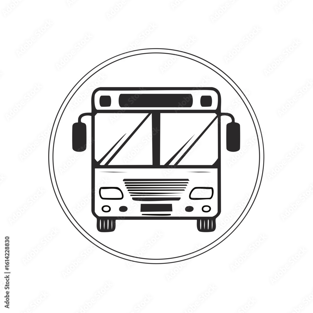 Aufkleber front view line art illustration of a public transportation bus icon in a circular frame
