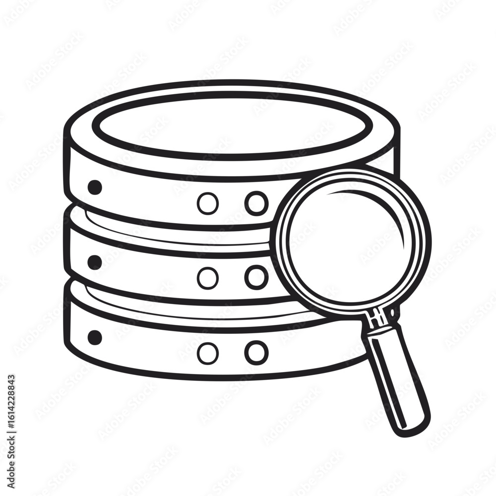 Poster magnifying glass searching a digital database icon symbolizing data analysis and information retriev