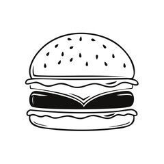 Fototapeta premium Black and white simple graphic illustration of a classic cheeseburger with sesame seed bun