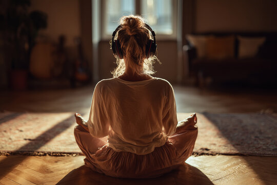 Mindful Woman Meditating with Headphones in Sunlight at Home
