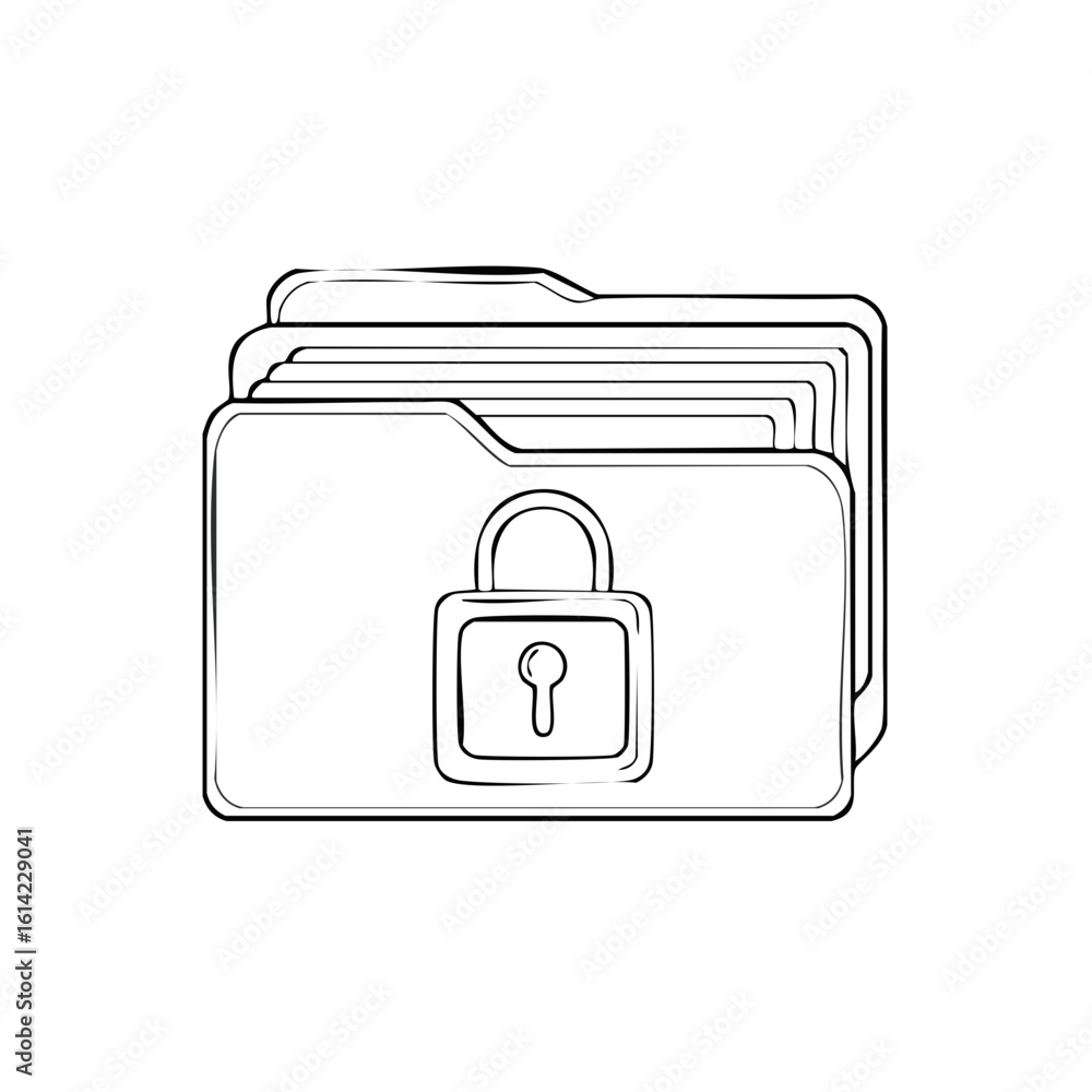 Poster hand drawn sketch of a locked document folder with layered pages symbolizing data security and priva