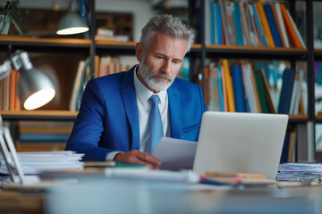 Report Mature Business Man Working on Laptop with Financial Reports