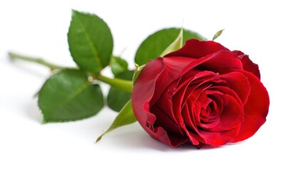 Fototapeta premium Single deep red rose with green leaves on white background