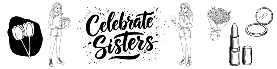 Happy Sisters Day vector set - Illustrative design celebrating sisterhood with flowers and cosmetics  