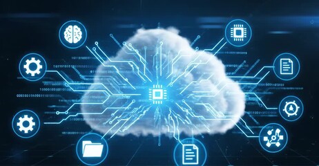 Abstract representation of cloud computing with a central CPU chip surrounded by a digital network and various technology icons, symbolizing data processing and secure cloud infrastructure. - Powered by Adobe