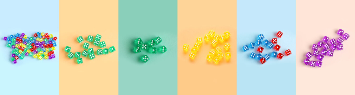 Collage of many dices on color background, top view