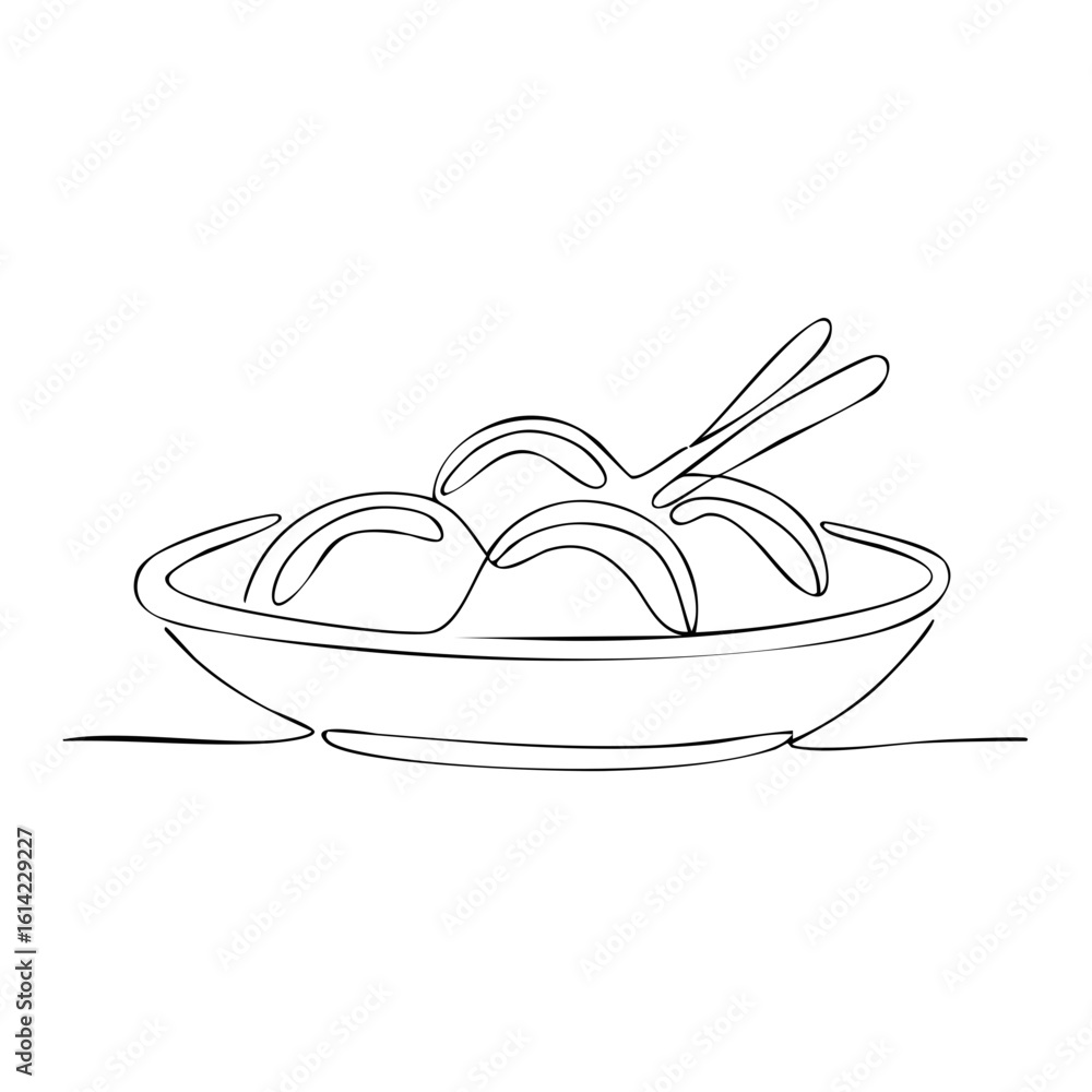 Poster continuous line drawing of three dessert scoops in a bowl with two spoons elegant simple art