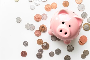 Flat lay of pink piggy bank and scattered coins on white background, financial savings concept, minimal studio lighting.