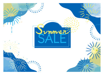 夏の花火 セールやイベント用バナー　水彩で描いた手書きのイラストベクターフレーム素材