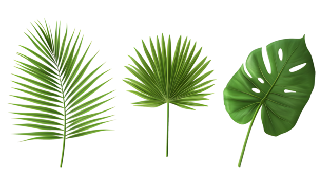 Set of tropical green palm leaf on a white or transparent background