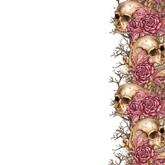 Frame with floral border on the right side made of skulls, branches, burgundy roses and feathers, gothic square. Watercolor illustration, hand-drawn. Isolated for Halloween and day of the dead.